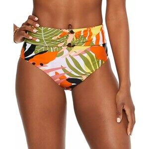 NWT Bar III Printed High-Rise Bikini Bottom M Shirred Waist Tropical Multicolor